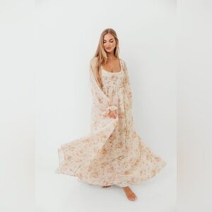 Boho Cream Floral Maxi Dress Romantic Cottagecore Long Sleeve Flowy Square Neck